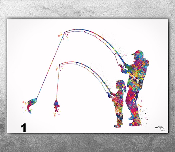 Dad And Daughter Fishing Watercolor Poster, Gift For Father