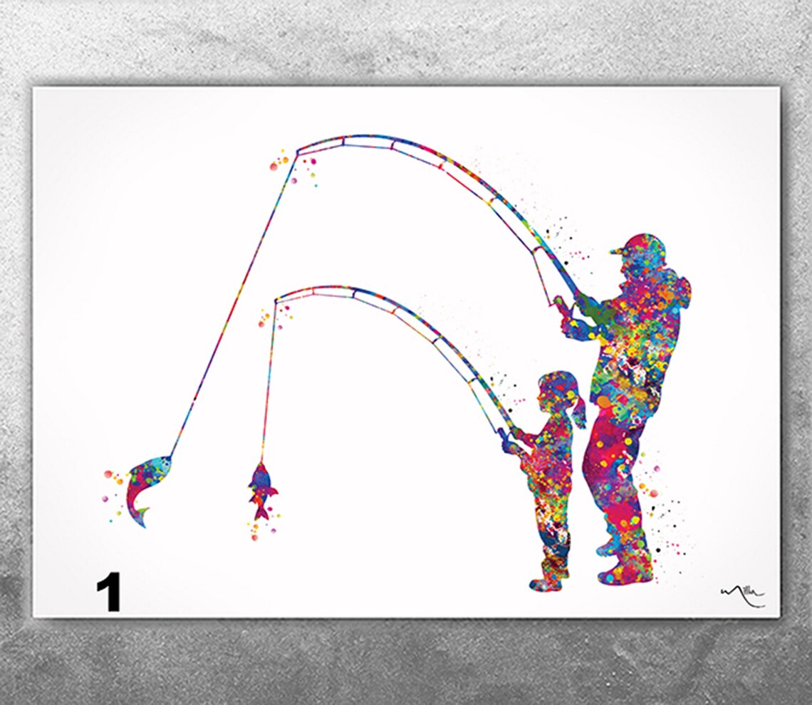Dad And Daughter Fishing Watercolor Poster, Gift For Father