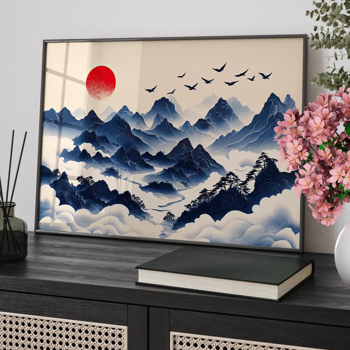 Misty Blue Mountains Chinese Landscape Poster Red Sun Birds Art