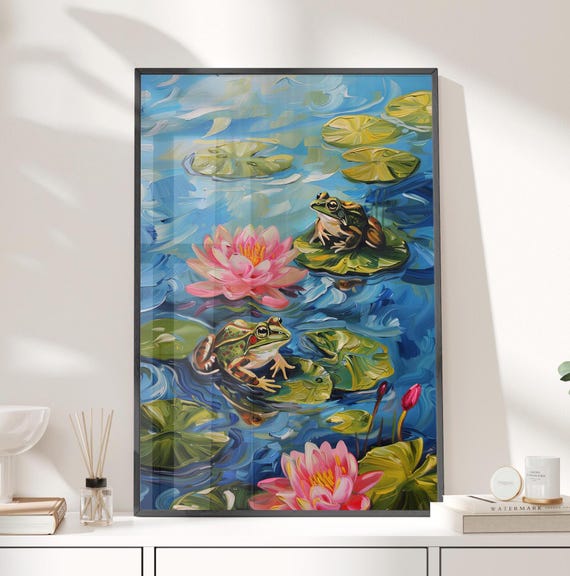 Pink Lily Flowers And Frogs In The Water Oil Painting Poster Or Canvas Blue Waters On Pads Art Floral Botanical Print