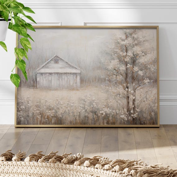 Oil Painting White Old Barn In The Field Wall Art Print Or Canvas Abstract Botanical Vintage Farm House Decor Housewarming Gift