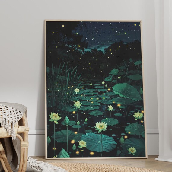 Night Lotus Pond With Fireflies Under Starry Sky Botanical Poster