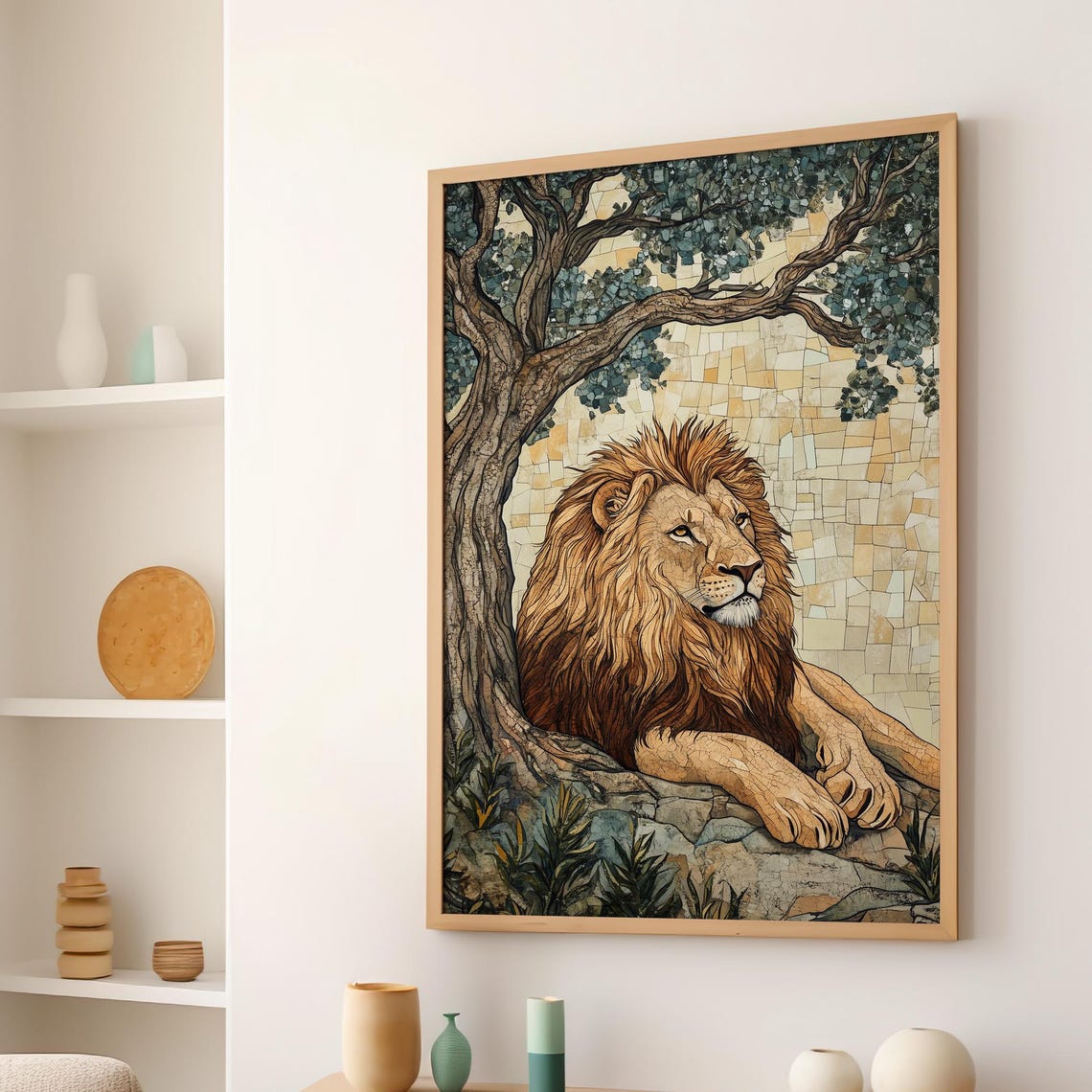 Majestic Lion Resting Under Ancient Tree Mosaic Style Art Poster