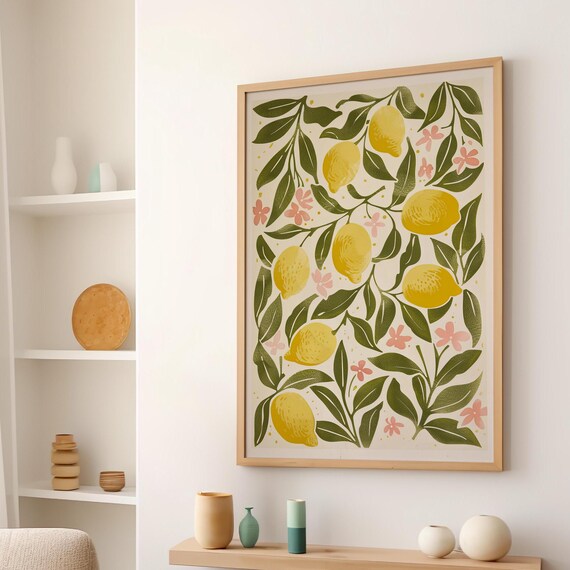 Italian Lemons Green Leaves Pink Blossom Pattern Kitchen Art Poster