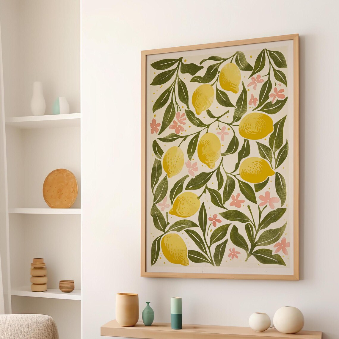 Italian Lemons Green Leaves Pink Blossom Pattern Kitchen Art Poster