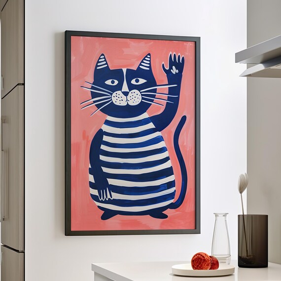 Minimalistic Blue Cat Pink Painting Poster Or Canvas Print In Stripes Illustration Whimsical And Livingroom Wall Decor