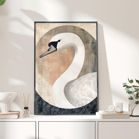 Swan Portrait Art Deco Poster Or Canvas Print Geometric Abstract Wall Farm Animal Vintage Style Modernism