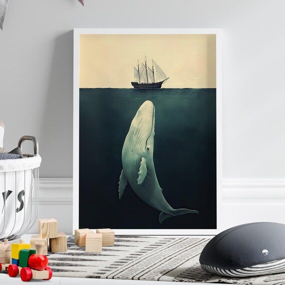 Vintage White Whale And Ship Ocean Wall Art Poster Or Canvas Print Sailing Humpback Underwater Minimalist Decor