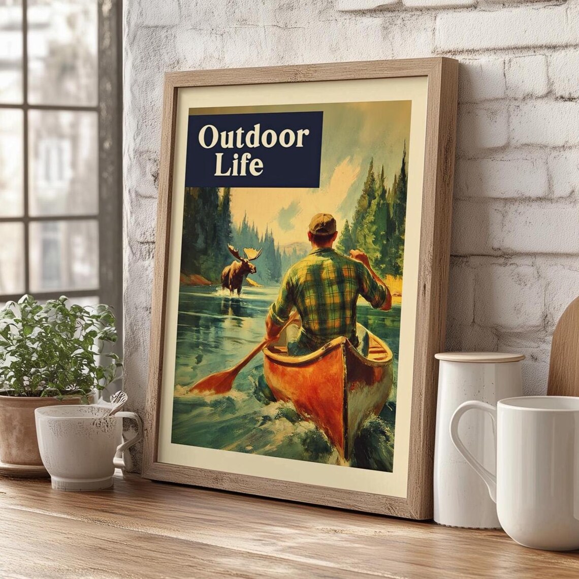 Vintage Outdoor Life Canoe Moose Lake Retro Hunting Fishing Poster