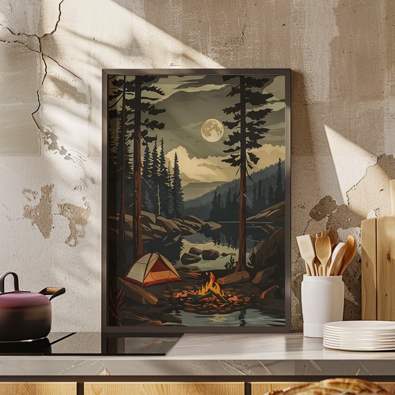Forest Campfire Art Print Or Canvas Family Camping Wall And Moon Nature Photography Poster Moonlight Night