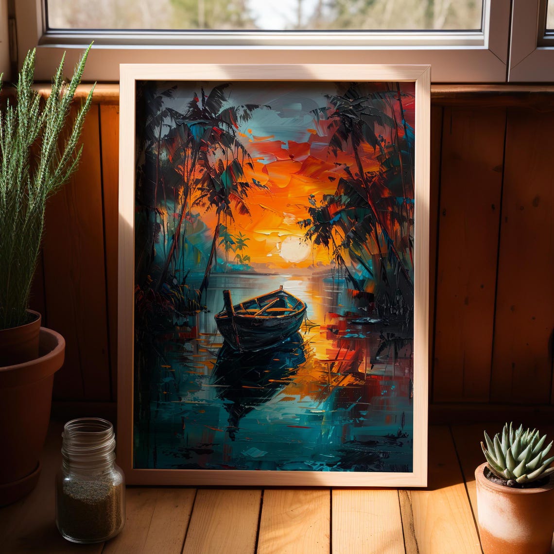 Vintage Wooden Boat Dark Tropical Coastal Oil Painting Poster Or Canvas Print Moody Sunset Sail Art Fishing Decor