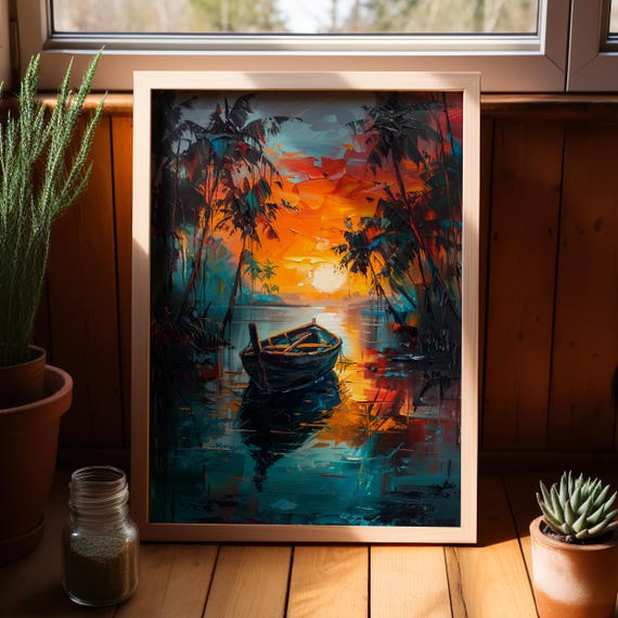 Vintage Wooden Boat Dark Tropical Coastal Oil Painting Poster Or Canvas Print Moody Sunset Sail Art Fishing Decor