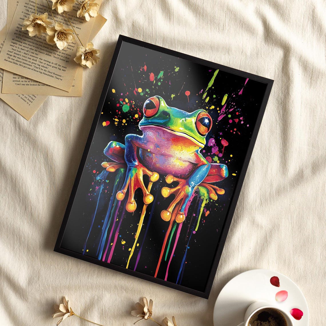 Colorful Pop Art Graffiti Tree Frog Neon Paint Splash Poster