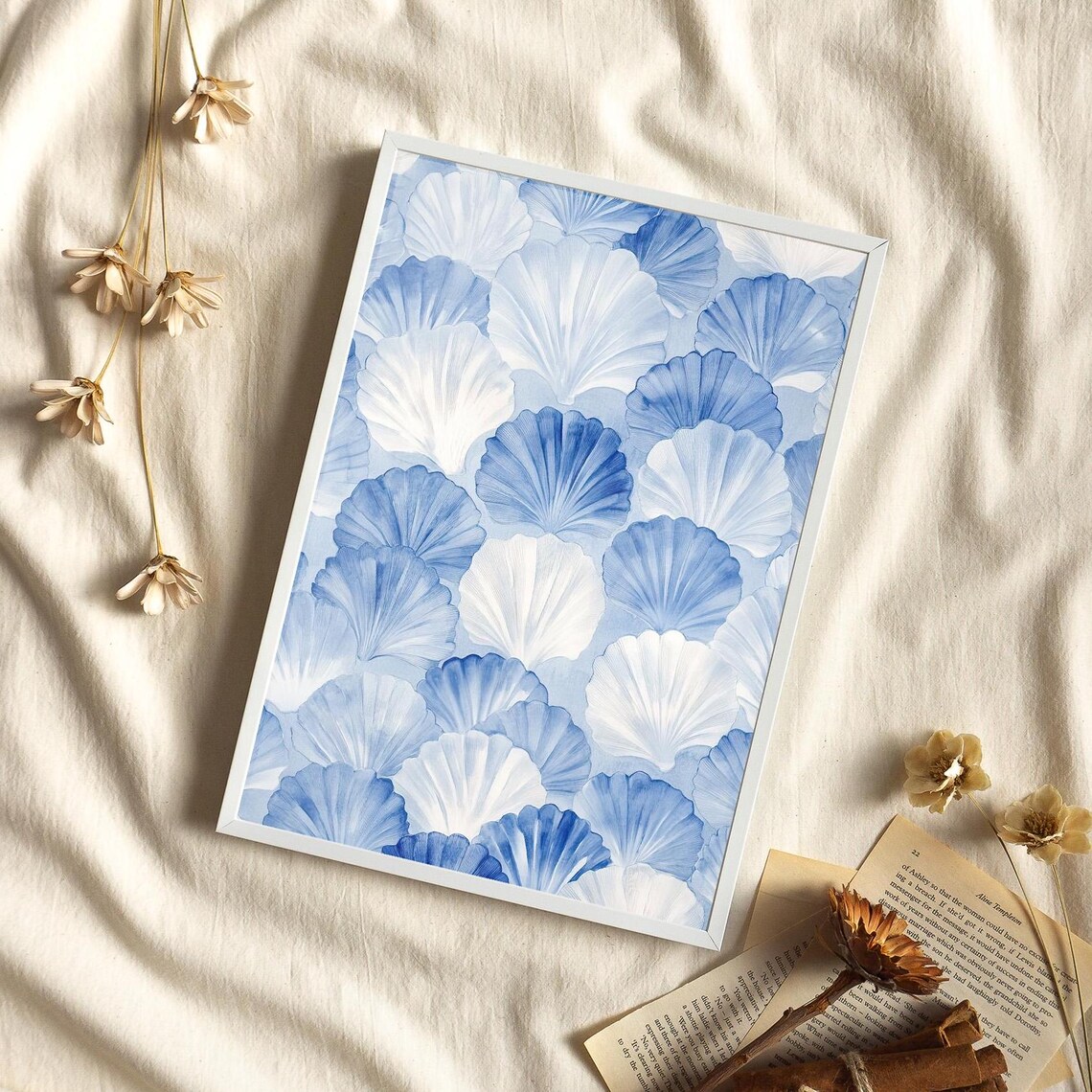 Blue White Scallop Seashell Watercolor Coastal Beach Pattern Poster