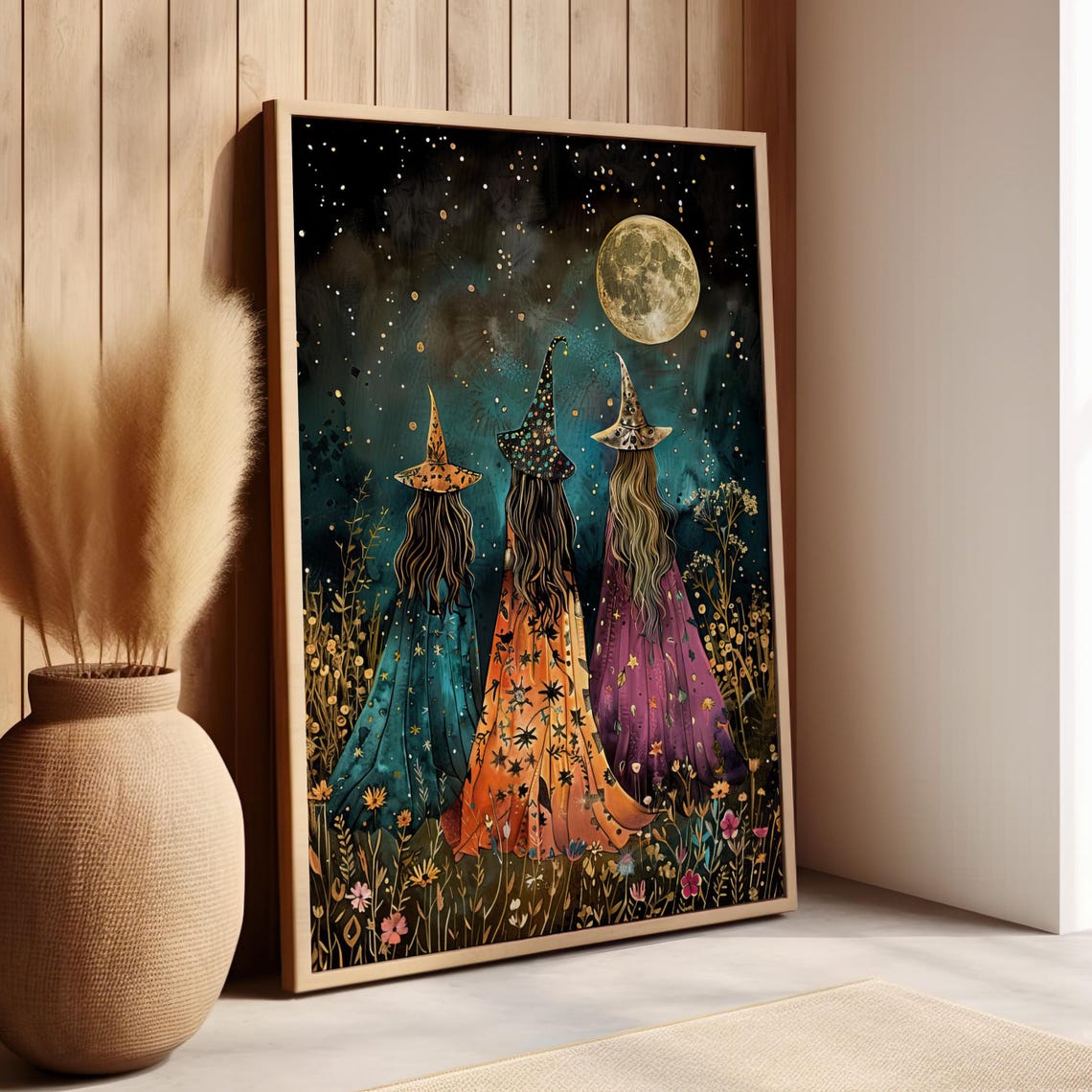 Three Witches Under Golden Moonlight Celestial Coven Art Poster