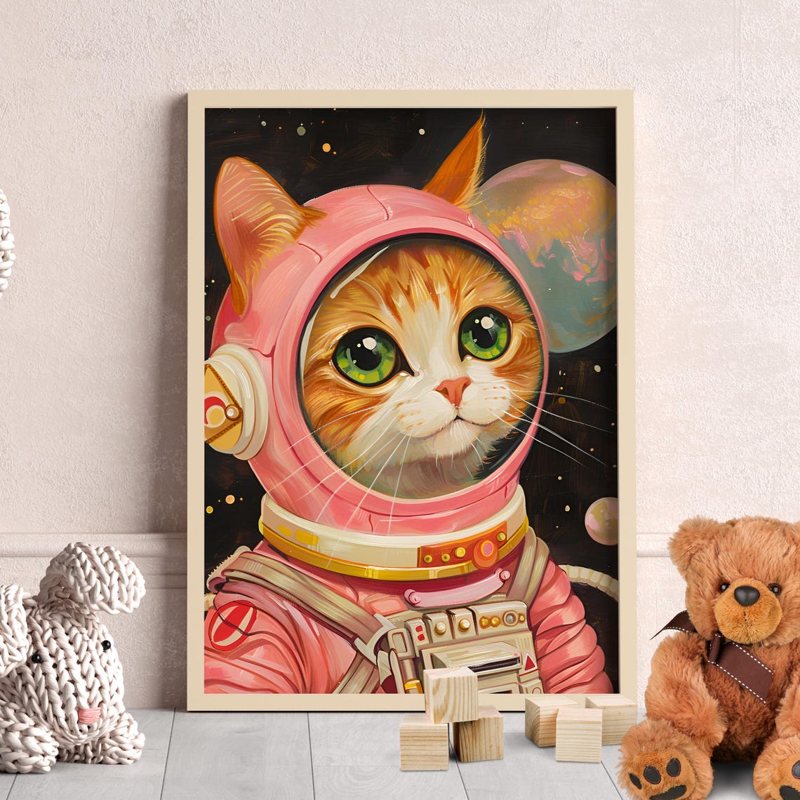 Pink Astronaut Cat Portrait Retro Whimsical Space Tabby Art Poster