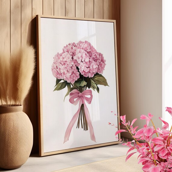 Romantic Blush Pink Hydrangea Bouquet with Satin Bow Floral Poster