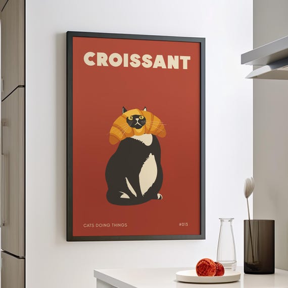 Cat Doing Things Black Croissant Face Poster Or Canvas Print Posters Funny Kitchen Decor Retro Wall Art Humorous
