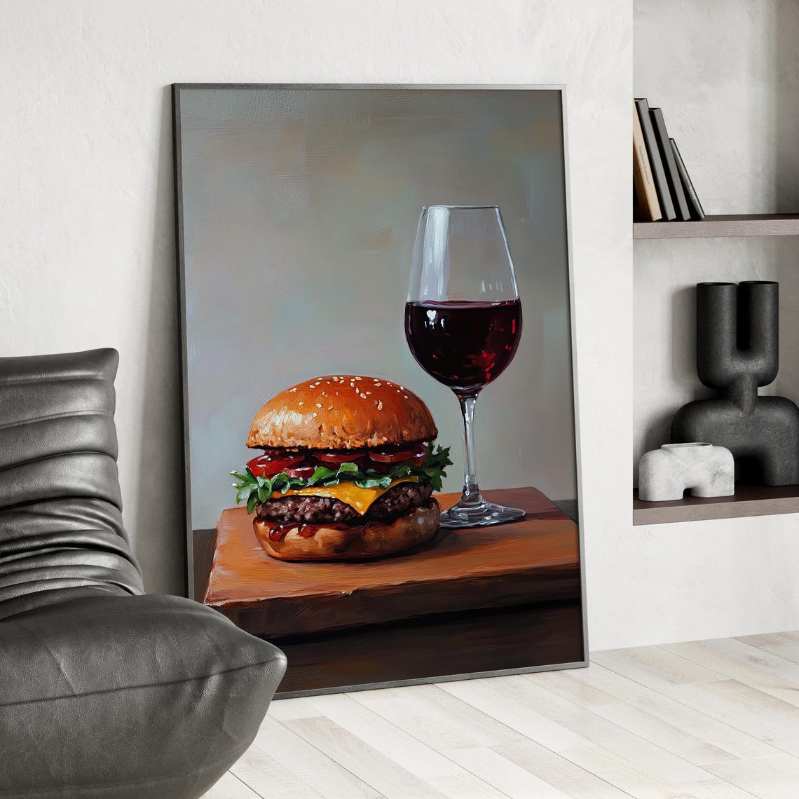 Cheeseburger and Red Wine Still Life Oil Painting Kitchen Poster