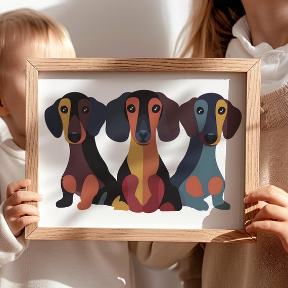 Multi Color Dachshund Dogs Vector Illustration Art Print Or Canvas Cute Whimsical Colorful Dog Lover Minimalist Wall Modernism Poster