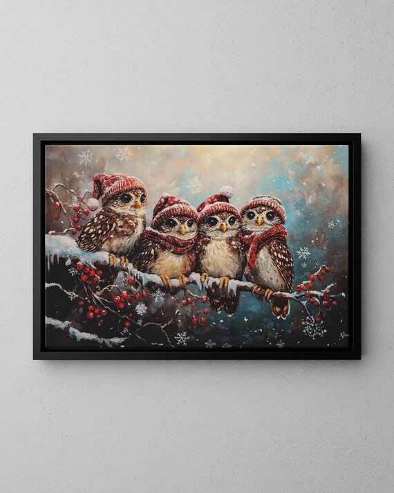 Four Owls in Winter Hats Snowy Branch Christmas Holiday Poster