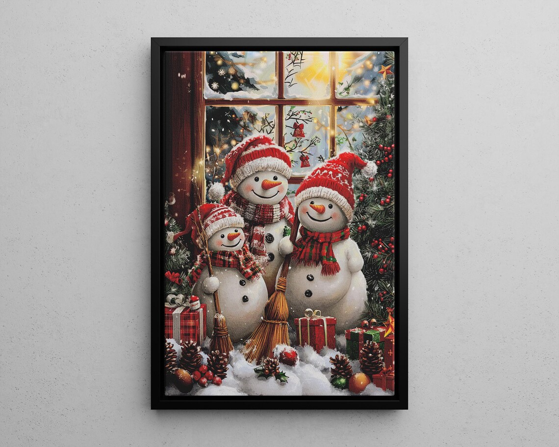 Snowman Family Christmas Window Cozy Winter Holiday Scene Poster