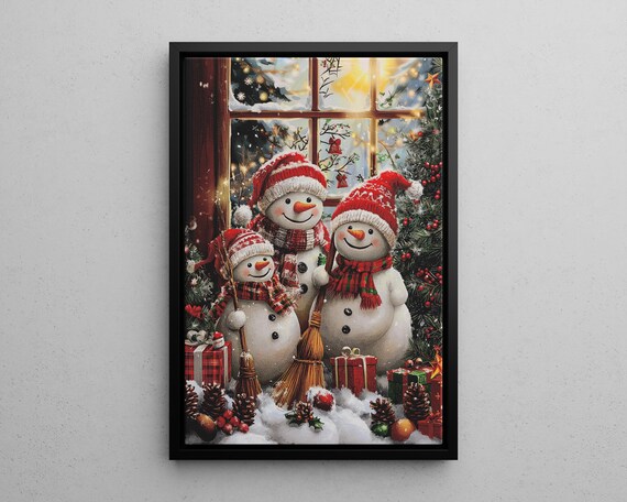 Snowman Family Christmas Window Cozy Winter Holiday Scene Poster