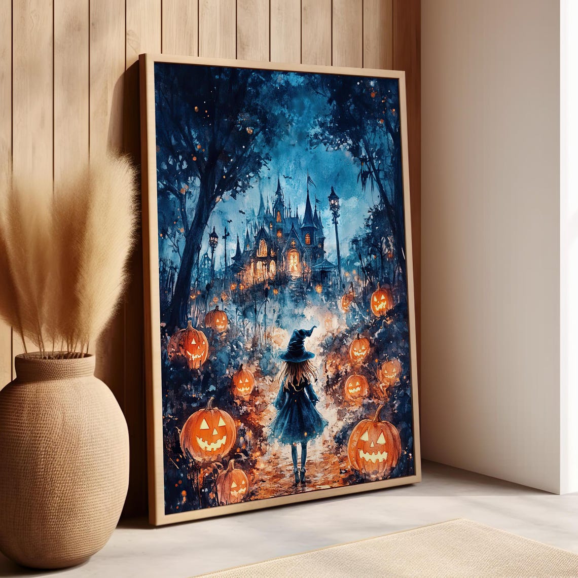 Little Witch Among Glowing Pumpkins Haunted Castle Halloween Poster