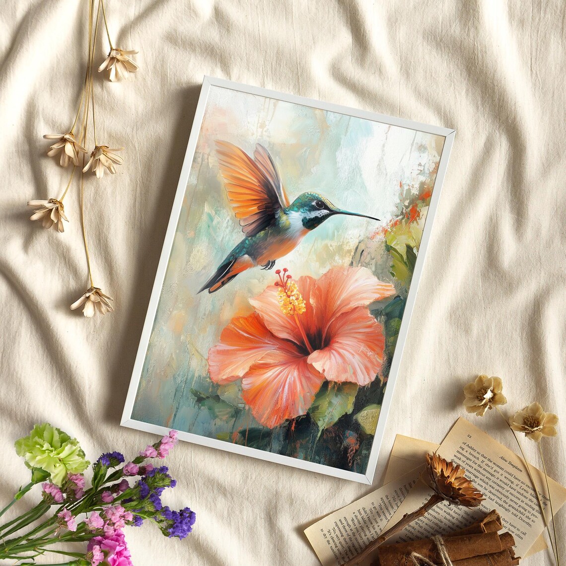 Hummingbird and Hibiscus Flower Watercolor Tropical Bird Art Poster - Image 4