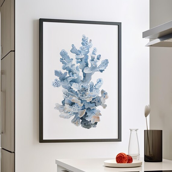 Blue Elkhorn Coral Watercolor Painting Wall Art Canvas Or Poster Print Sea Life Botanical Coastal Minimalist Bathroom Decor