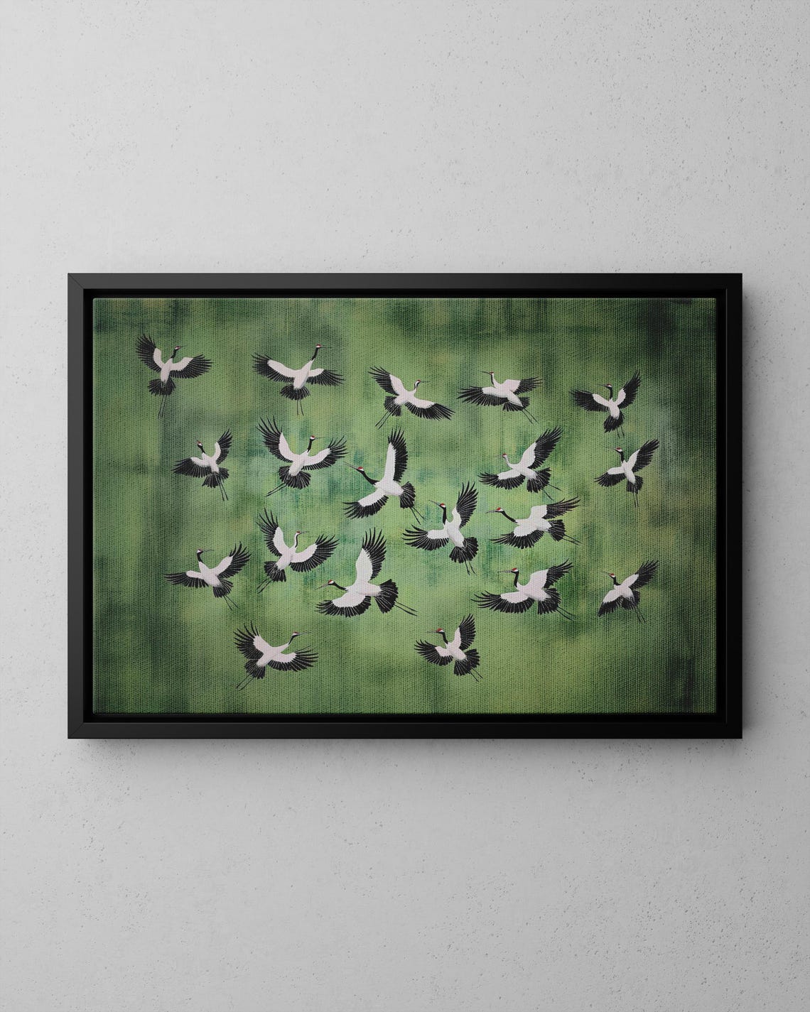 Flying Cranes Flock Sage Green Japanese Style Bird Art Poster