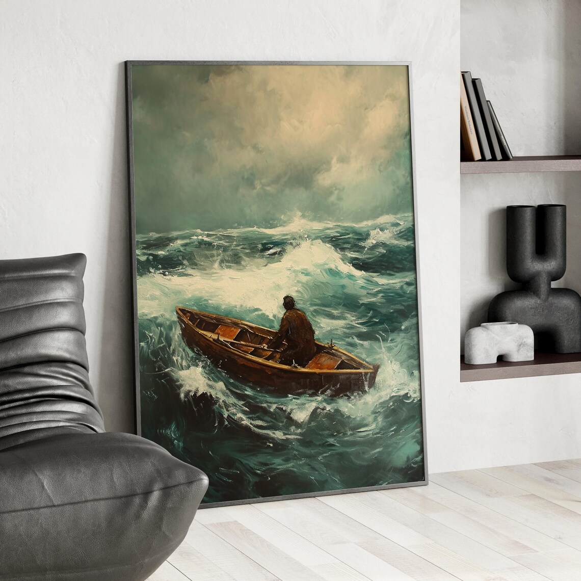 Solitary Rower In Wooden Boat On Stormy Ocean Waves Art Poster