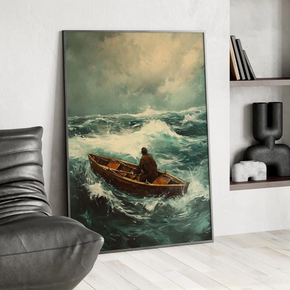 Oil Painting Style Of A Man Lost At Sea Art Print Or Canvas Abstract Turbulent Waves Boat In Stormy Ocean Poster Gift For Lover