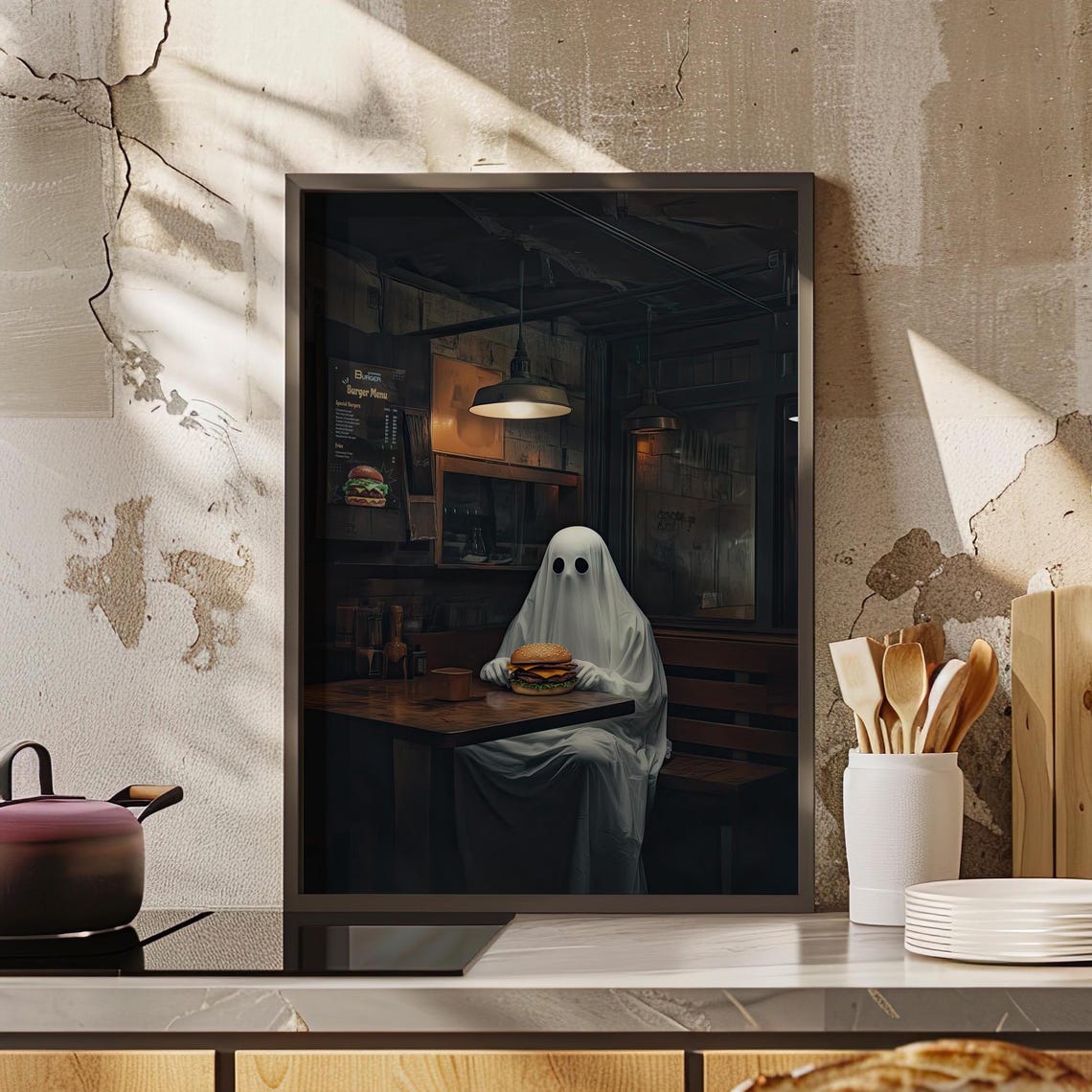 Sheeted Ghost Eating Burger In Dark Diner Funny Gothic Halloween Print