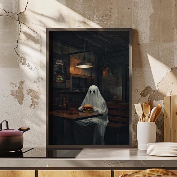Sheeted Eating Burger Realistic Art Poster Or Canvas Print Funny Modern Gothic Wall Dark Halloween