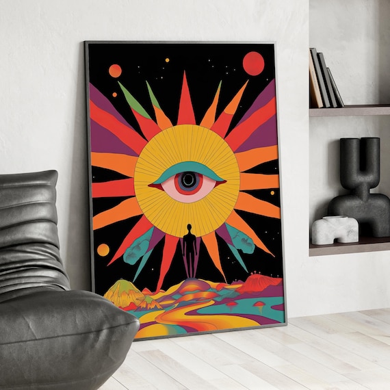 Trippy Psychedelic Sun Eye Art Print Poster Or Canvas Surreal Colorful Witchy Minimalist Wall Decor Moebius Inspired Vector