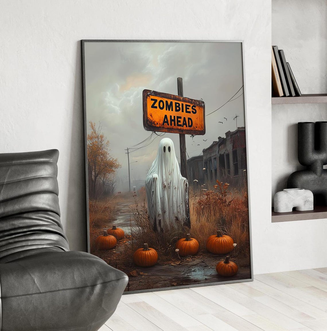 Ghost By Zombies Ahead Sign Spooky Haunted Field Halloween Poster