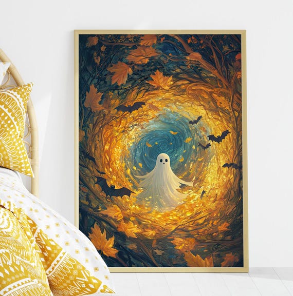 Whimsical In The Swirling Autumn Leaves Cute Fantasy Halloween Art Print Surreal Fall Decor