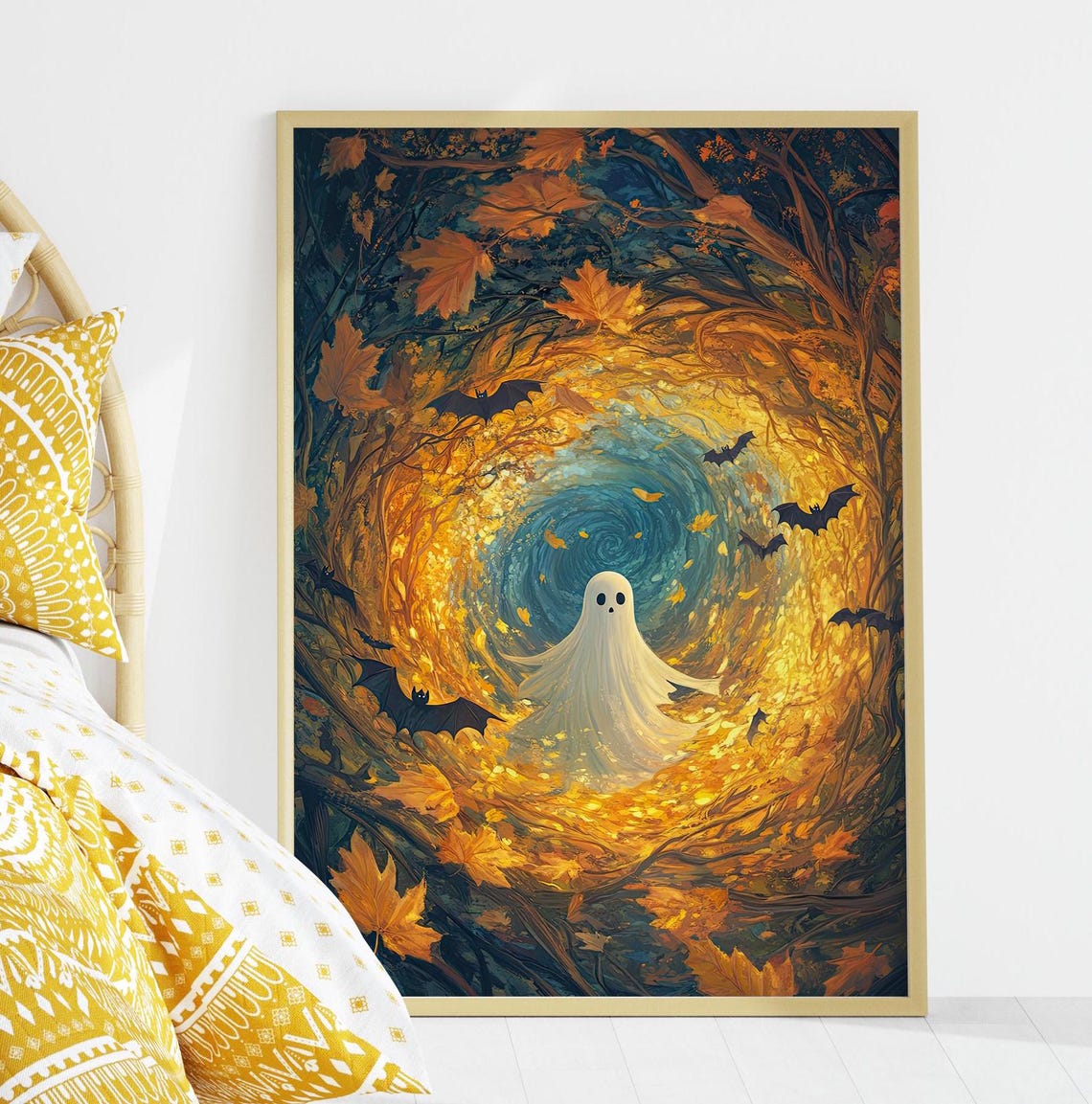 Whimsical In The Swirling Autumn Leaves Cute Fantasy Halloween Art Print Surreal Fall Decor