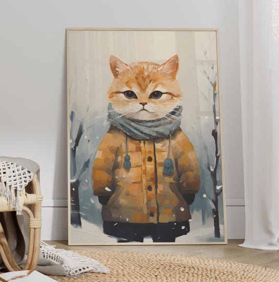 Cute Modern Cat Wearing Sweater On Snowy Season Art Print Or Canvas Cool Gifts Cozy Poster Simple And Design