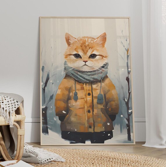 Cute Orange Kitten In Winter Coat Snowy Scene Cozy Warm Wall Art
