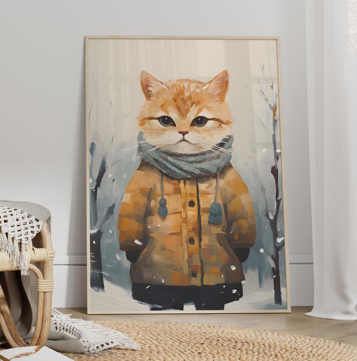 Cute Orange Kitten In Winter Coat Snowy Scene Cozy Warm Wall Art