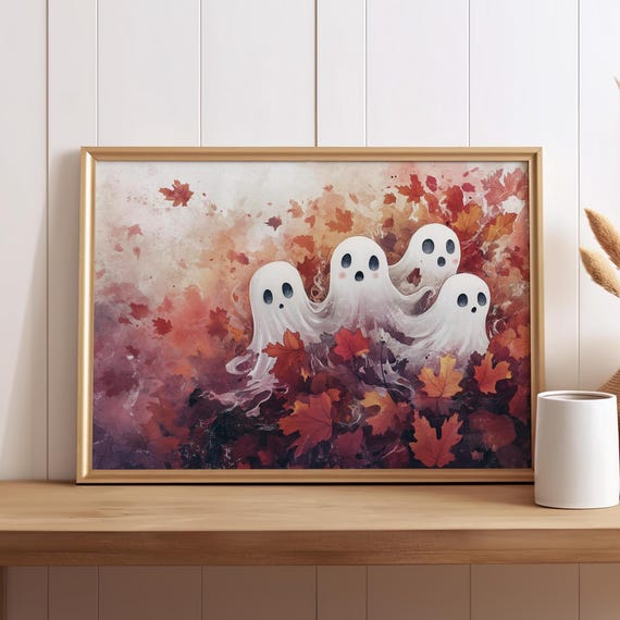 Cute Ghosts In The Autumn Leaves Watercolor Art Print Poster Or Canvas Spooky Friendly And Fall Halloween Wall Decor