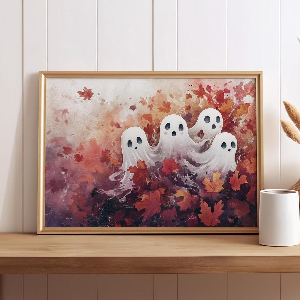 Four Cute Ghosts Among Autumn Leaves Watercolor Fall Art Poster