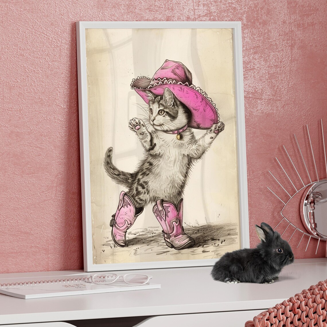 Cowboy Cat In Pink Hat And Boots Vintage Funny Animal Wall Art