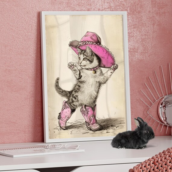 Cute Funny Pink Hat And Boots Vintage Cowboy Cat Art Print Or Canvas Retro Humorous Farmhouse Poster Animal Wall Whimsical Nursery