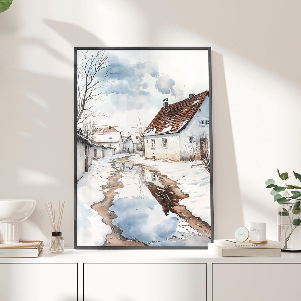 Snowy Small Town Street Watercolor Melting Snow Village Lane Art Print - Image 3