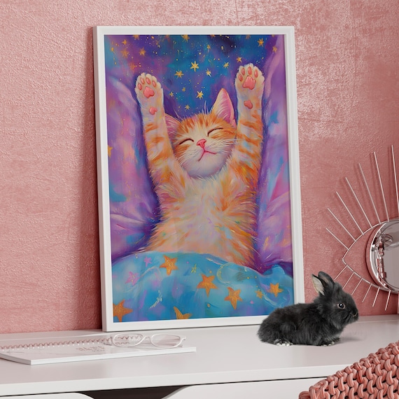 Cute Sleeping Orange Cat Dreamy Oil Painting Poster Or Canvas Print Starry Night Sky Kitten Wall Art Magical Pastel Bedroom