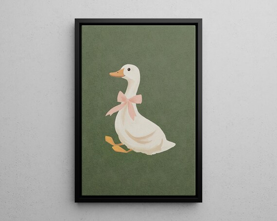 Cute Silly Goose With Pink Bow Sage Green Coquette Room Poster