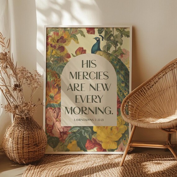 His Mercies Are New Every Morning Bible Verse Wall Art Poster Or Canvas Print Floral Botanical Scripture Christian Home Decor